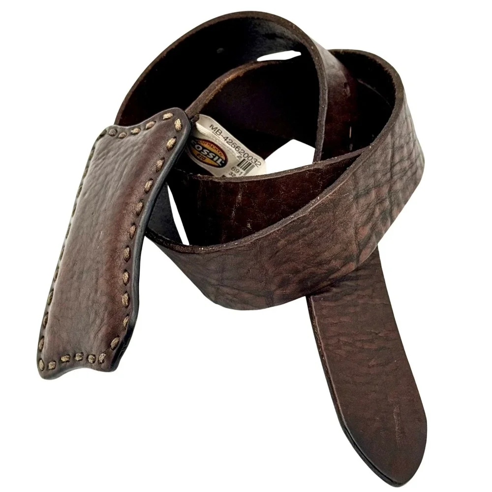Fossil Full Grain Cowhide Leather Belt Distressed Whipstitch Buckle‎ 32 Brown
